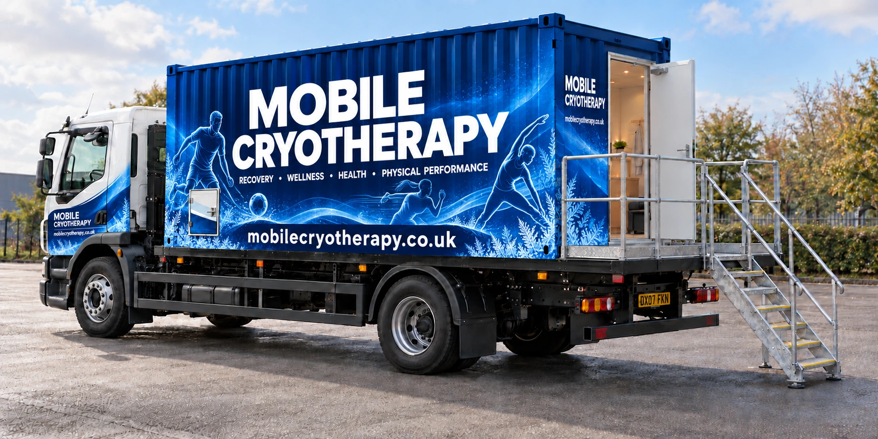 Blue-and-ice Mobile Cryotherapy truck illustration with white branding, athlete line artwork, mobilecryotherapy.co.uk and rear entrance steps